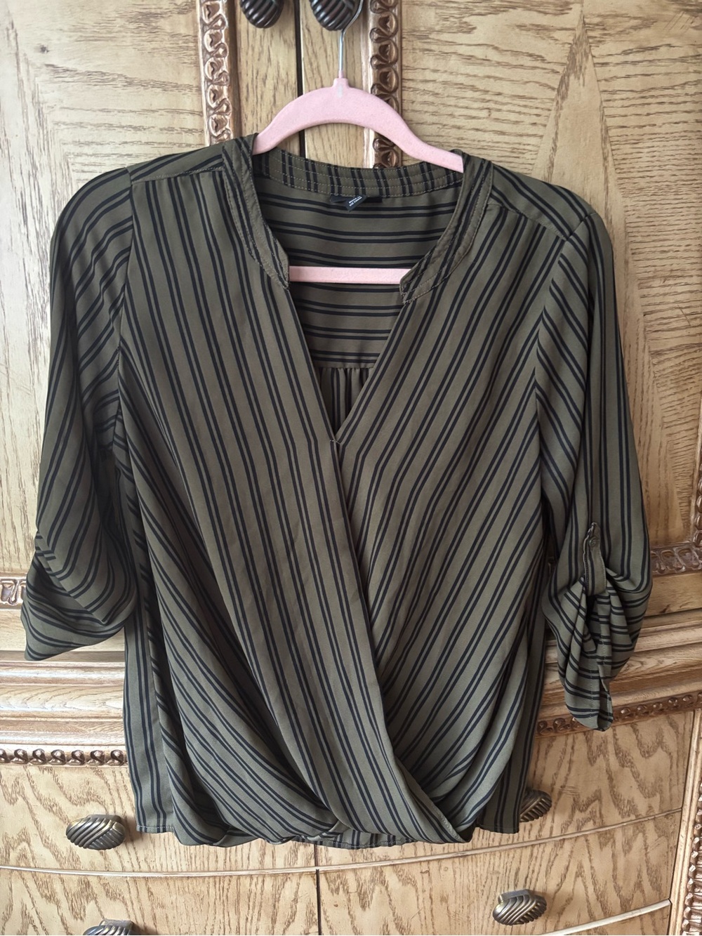 a.n.a Olive and Black Striped Faux-Wrap Blouse